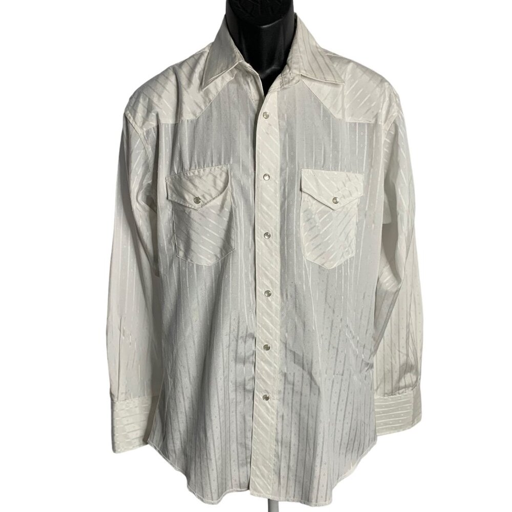 Vintage 90s Wrangler Western Shirt M White Stripe Diamonds Pearl Snap Pockets